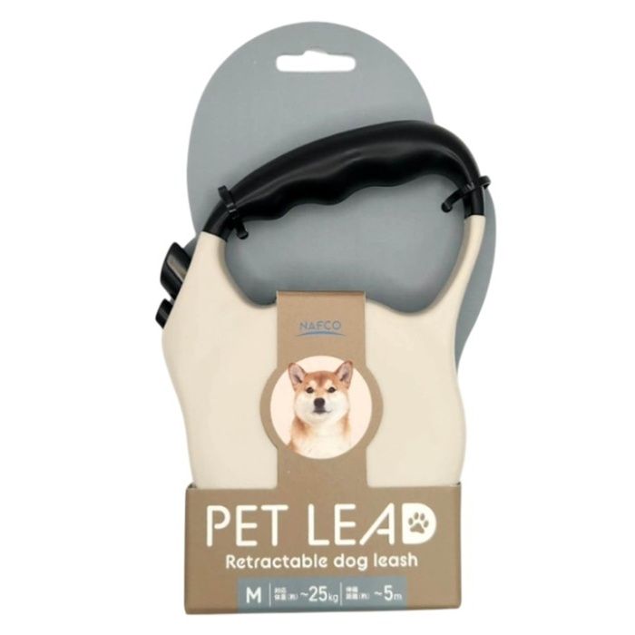 [用途]：■中型犬用（Mサイズ）の散歩用伸縮リード。■約3mまで伸縮し、愛犬の行動範囲を確保しながら安全にコントロールできます。■対応体重：約25kgまで。日常の散歩や外出時に便利です。[仕様]：■商品サイズ：約5m（伸縮距離）■1個重量：290g■材質：・本体：ABS・グリップ：TPR・スイッチ：ABS・ナスカン：亜鉛合金（ポット合金と記載されていますが、一般的には亜鉛合金を指します）・テープ：ポリエステル