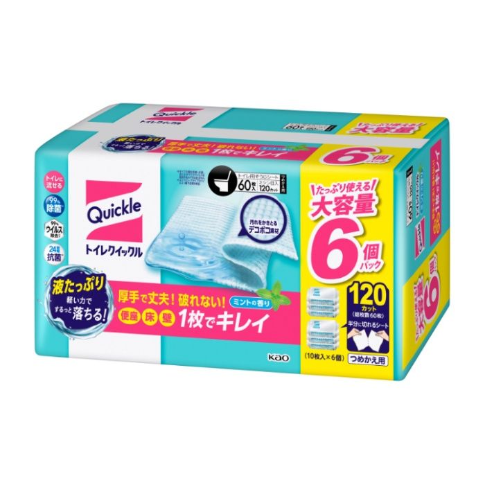 厚手・丈夫で最後まで破れないから、1枚でトイレ空間まるごとキレイにできる掃除シート。たっぷりの洗浄成分とデコボコ素材のシートで、汚れをほぐして落とす!さらに除菌・抗菌※1、ウイルス除去※2、消臭も。すっきりとしたミントの香り。使用後はトイレに流せる。※1すべての菌を除菌・抗菌するわけではありません。※2すべてのウイルスを除去するわけではありません。エンベロープタイプのウイルス1種で効果を検証。使用上の注意●用途外に使わない。●子供の手の届く所に置かない。●荒れ性の方や長時間使用する場合は、炊事用手袋を使う。●水性ペンキやうるし、ニス塗、ワックスの塗装面、白木、桐、ガラス面などには使わない。●壁紙はシミになる場合があるので、目立たない部分でためしぶきしてから使う。●市販のおそうじ用トングにはさんで使用するときは、トングで便器表面を傷つけないように注意する。●つまりを避けるため、1枚ずつ流す。●流さない時は「燃やせるごみ」として出す。●火気の近く、日の当たる所および高温になる所に置かない。●乾燥を防ぎ、品質を保持するため、必ず「トイレクイックル」シリーズの本体容器につめかえて、容器のフタの手前をパチンと音がなるまで閉める。つめかえる時は、シートを内袋に入れたまま本体容器へつめかえる。シート材質/パルプ　成分/界面活性剤（ポリオキシエチレンアルキルエーテル）、グリコールエーテル、安定化剤、除菌剤