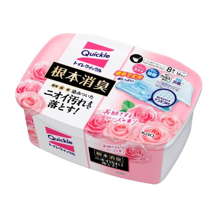 便座・床・壁に染みついたニオイ汚れまで落として、トイレを根本消臭する掃除シート。たっぷりの洗浄消臭成分とデコボコ素材のシートで汚れをほぐして落とす!拭いた場所からローズの香りが広がり、心地よいトイレ空間続く。除菌・抗菌※1、ウイルス除去※2も。※1すべての菌を除菌・抗菌するわけではありません。※2すべてのウイルスを除去するわけではありません。エンベロープタイプのウイルス1種で効果を検証使用上の注意●用途外に使わない。●子供の手の届く所に置かない。●荒れ性の方や長時間使用する場合は、炊事用手袋を使う。●水性ペンキやうるし、ニス塗、ワックスの塗装面、白木、桐、ガラス面などには使わない。●壁紙はシミになる場合があるので、目立たない部分でためしぶきしてから使う。●つまりを避けるため、1枚ずつ流す。●流さない時は「燃やせるごみ」として出す。●火気の近く、日の当たる所および高温になる所に置かない。●乾燥を避けるため、容器のフタの手前をパチンと音がなるまで閉める。シート材質／パルプ成分／界面活性剤（ポリオキシエチレンアルキルエーテル）、グリコールエーテル、安定化剤、除菌剤