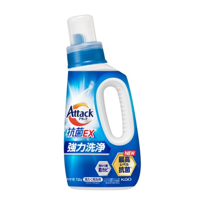 [特長]：■ラスボス級の汗臭・汚れまで強力洗浄■アタック抗菌EXシリーズ内　最高レベル抗菌（※抗菌できる菌が複数あること）■黄ばみ除去成分配合■洗濯槽防カビ（※すべての菌・カビの増殖を抑えるわけではありません）■すすぎ1回OK■スプラッシュクリアの香り[成分]：■界面活性剤（17％、ポリオキシエチレンアルキルエーテル）、安定化剤、pH調整剤、抗菌剤、蛍光増白剤、酵素[つめかえ方]：■「アタック抗菌EX」のボトルにつめかえる。■他の洗剤とまぜると、液が濁ったり、固まることがある。■液モレすることがあるので、つめかえ後は必ずキャップを閉めて立てて保管する。■この商品をつめかえずにそのまま使用しない。■開封後は出来るだけ早く使い切る。■自動投入機能付き洗たく機の洗剤タンクを使う場合は、洗たく機の取扱説明書に従う。（使用量は水量30 Lに対して30 ml）■お問合せの際に必要な場合があるため、このパックを保管する。パックを強く持つと、液が飛び出ることがあるので注意する。[注意事項]：■用途外に使わない。■子供の手の届く所に置かない。■認知症の方等の誤飲を防ぐため、置き場所に注意する。■使用後は手をよく洗う。■荒れ性の方や長時間又は原液で使う場合は炊事用手袋を使う。■原液が洗たく機のフタ等についた時はすぐに水でふきとる。放置すると傷むことがある。※低温で液が凍った場合、常温に戻してお使いください。