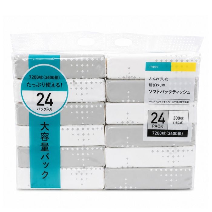 [仕様]：■パルプ100％を使用した、ふんわりやさしい肌触りのソフトパックティッシュです。■素材本来の自然な風合いを活かし、しっかりしなやかに仕上げました。■蛍光染料を使用していないため、安心してお使いいただけます。■約178×170mmの使いやすいサイズです。■300枚（150組）×24パック入りの大容量タイプです。■ソフトパック仕様で省スペースに収納でき、保管場所を選びません。■紙箱がないため、使用後のゴミ捨ても簡単です。[用途]：■鼻をかむときや口元・手元のお手入れに。■食事中や調理時のちょっとした汚れの拭き取りに。■メイク直しやスキンケア時のフェイスケアに。■リビング・寝室・洗面所・キッチンなど、ご家庭での日常使いに。■オフィスや店舗、施設などの常備用として。■来客用や業務用としても便利です。■大容量24パック入りで、まとめ買いやストック用におすすめです。■毎日たっぷり使える、暮らしに便利なソフトパックティッシュです。