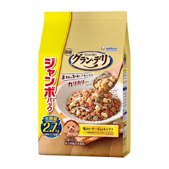 [特長]：■愛犬が大好きな素材を豊富に使用しました■グルメなわんちゃんにぴったりな美味しいドライフード■食感を楽しむ、チーズを加えたささみ入り粒たっぷり■カルシウムたっぷりの厳選された国産小魚入り■成犬用総合栄養食[原材料]：■穀類（トウモロコシ、パン粉、小麦粉）、肉類（チキンミール、チキンエキス、ささみ、ポークミール、ビーフミール、ササミパウダー）、豆類（大豆、大豆タンパク、脱脂大豆、大豆エキス、大豆パウダー）、動物性油脂、野菜類（ビートパルプ、ニンジンパウダー、カボチャパウダー、ホウレンソウパウダー）、ブドウ糖果糖液糖、乳類（チーズパウダー、チーズ）、乾燥小魚、セルロースパウダー、ビール酵母、グリセリン、プロピレングリコール、ミネラル類（カルシウム、塩素、銅、鉄、ヨウ素、カリウム、ナトリウム、リン、セレン、亜鉛）、ソルビトール、保存料（ソルビン酸K）、調味料、ビタミン類（A、B1、B2、B6、B12、D、E、K、コリン、パントテン酸、葉酸）、着色料（二酸化チタン、赤色106号、黄色4号、黄色5号、青色1号）、乳化剤、pH調整剤、増粘安定剤（アルギン酸エステル）、膨張剤、酸化防止剤（ミックストコフェロール、ハーブエキス、エリソルビン酸Na）[栄養成分表示]：■タンパク質21.0％以上、脂質10.0％以上、粗繊維4.5％以下、粗灰分8.5％以下、水分13.0％以下[保存方法]：■高温多湿や直射日光を避け、風通しの良い場所に保管してください。開封後は、ほこりや虫が入らないよう封をしっかり閉じて衛生的に保管し、早めに与えてください。