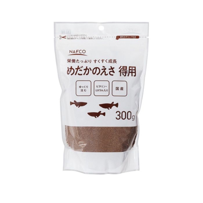 [特長]：■タンパク質など高栄養価ですので、めだかの成長をサポートします。■めだかが食べやすい顆粒タイプで、ゆっくり沈んでいきます。■国内製造なので、安心・安全。[原材料]：魚粉、オキアミミール、小麦粉、（澱粉）、大豆油かす、飼料用酵母、大豆レシチン、りん酸カルシウム、ゼオライト、海藻粉末、食塩、パラコッカス菌体末、（炭酸カルシウム）、各種ビタミン・ミネラル※（）内の原材料は原料事情により使用しないことがあります。[栄養成分表示]：粗タンパク質　480.％以上粗脂肪　5.0％以上粗繊維　3.0％以下粗灰分　17.0％以下カルシウム　2.0％以上りん　1.5％以上[保存方法]：■開封後は、冷暗所に保存し、できるだけ早くお使いください。