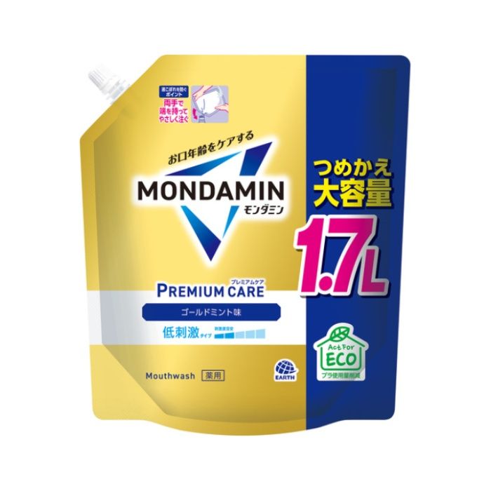 [成分]：セチルピリジニウム塩化物水和物、トラネキサム酸、グリチルリチン酸ジカリウム　アルコール配合[注意事項]：内服液でないので、飲まない。直射日光を避け、乳幼児の手の届かない所に保管する。口中の異常、発疹、かゆみ等の症状が現れた場合は使用を中止し、医師に相談する。[容量]：1700ml爽やかなゴールドミントの香味です。大容量でエコなパウチタイプです。
