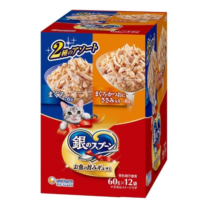 [特徴]：■たっぷりの身とうまみで抜群のおいしさを実現■ねこが大好きなやわらかゼリータイプ■12袋入り■2種のアソートタイプ[原材料]：■まぐろ：魚介類（まぐろ、かつお、フィッシュエキス）、酵母エキス、増粘多糖類、調味料■まぐろ・かつおにささみ入り：魚介類（かつお、まぐろ、フィッシュエキス）、ささみ、酵母エキス、増粘多糖類、調味料※天然の原材料を使用しているため、色や形状などにばらつきがみられることがありますが、品質に問題はありません。[栄養成分表示]：■たんぱく質9.0％以上、脂質0.2％以上、粗繊維0.5％以下、粗灰分3.0％以下、水分89.0％以下　カロリー約27kcal/1袋[保存方法]：■直射日光を避け、風通しのよい場所に保管してください。■開封後は、早めに与えてください。