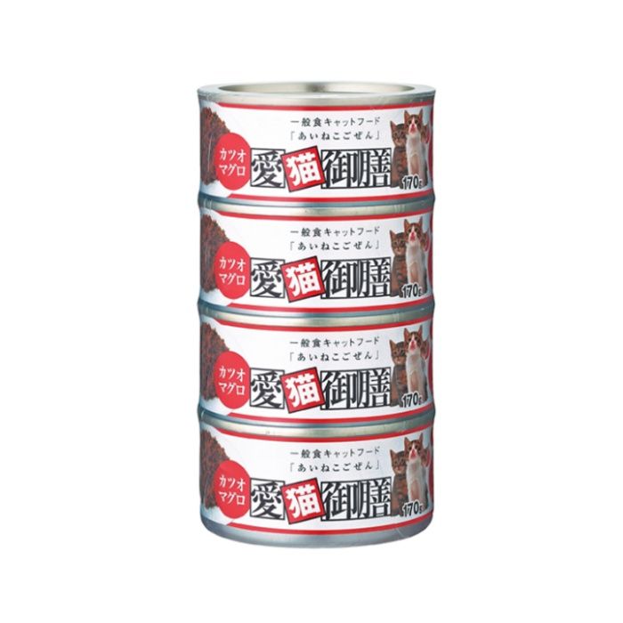 栄養豊富かつおまぐろ血合い肉使用[用途]：■一般食キャットフード[特長]:■愛猫の一般食(総合栄養食と一緒にお与えください。)■栄養豊富(かつおまぐろ血合い肉使用)[栄養成分表示]:■粗タンパク質18.0%以上、粗脂肪2.0%以上、粗繊維0.1%以下、粗灰分2.0%以下、水分78.0%以下、エネルギー約90kcal/100gあたり[原材料]:■魚類(かつお、まぐろ等)、ビタミンE[内容量]:■170g×4缶
