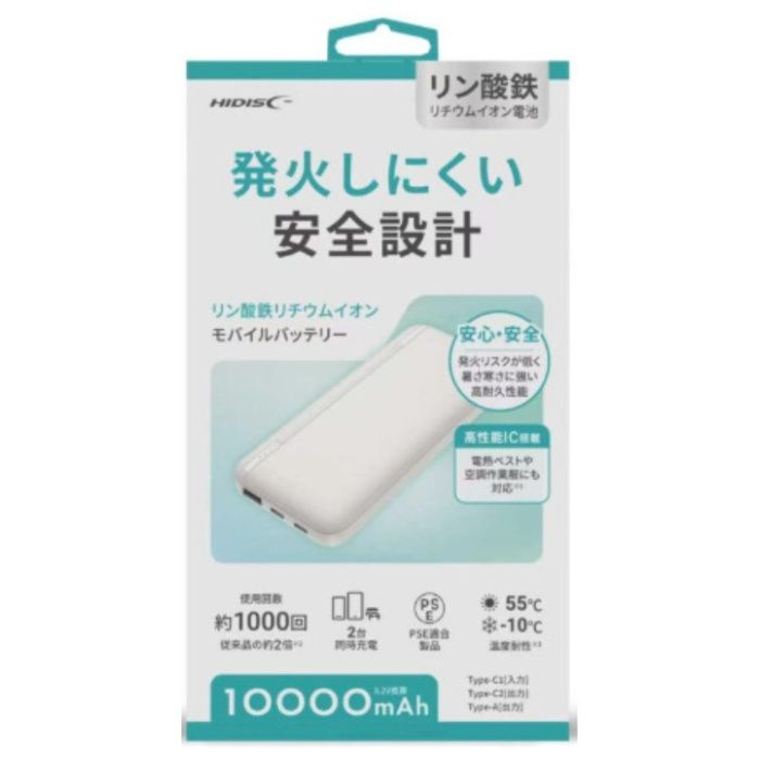 内蔵電池：リン酸鉄リチウムイオン電池（LiFePO4）容量：10000mAh/3.2V（32Wh）定格容量：5000mAh（5V換算）入力　USB Type-C1：5V/2A出力　　USB Type-C2：5V/2AUSB Type-A：5V/2A合計最大出力：5V/2A充電時間：約5時間（5V/2A充電時）付属品　USB Type-A to Type-Cケーブル （約26cm）、取扱説明書兼保証書
