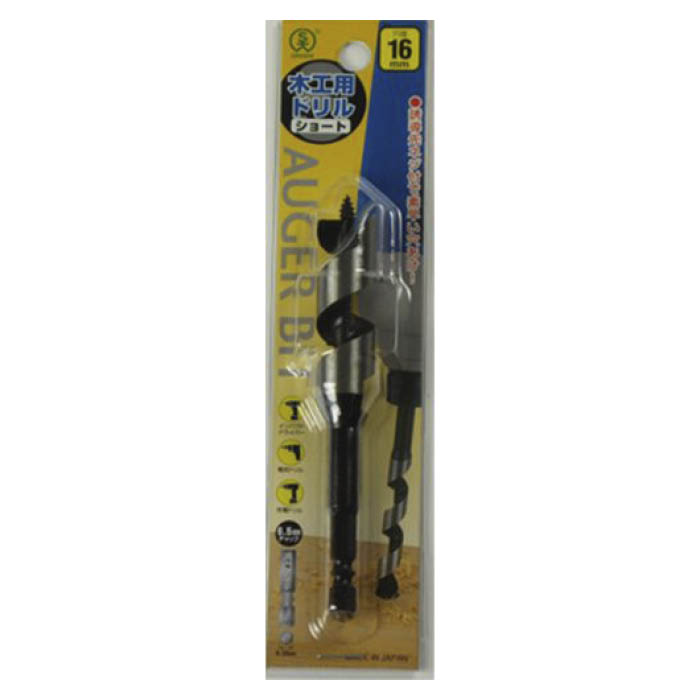 ■穴径：16.0mm■貫通板厚：60mm軸径：6.35mm六角軸シャンク（6.5mmチャック）適用機種：電気ドリル・充電ドリル・インパクトドライバー適用機種：電気ドリル・充電ドリル・インパクトドライバー入数：1本特長：インパクトドライバーにも■対応!小型誘導先ネジ：誘導先ネジにより回転力で木材に食い込み、楽に素早い穴開けが行えます。■小さなネジ山と細かいネジピッチにより穿孔抵抗を少なくし、1回の充電で、より長時間の作業を可能にしています。■刃部：焼入れを施した特殊合金により、優れた耐久性を実現。■溝部：研磨加工仕上げにより、木クズのハケに優れ、能率の良い作業ができます。■六角軸シャンク：インパクトドライバーにも■対応し、シャンク部には熱処理（HRC43±1）を施しています。■端面角度：インパクトドライバー装着時にスキ間なくフィットする精密角度。■製造国：日本