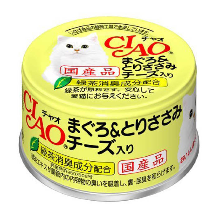 まぐろ血合い肉とりささみベース[特長]:■ロングセラー商品が、おいしいマグロエキスを加えてリニューアル[原材料]:■まぐろ、鶏肉(ささみ)、チーズ、まぐろエキス、増粘多糖類、ビタミンE、緑茶エキス[栄養成分表示]:■粗たん白質14.5%以上、粗脂肪1.5%以上、粗繊維0.1%以下、粗灰分2.0%以下、水分82.0%以下、エネルギー約85kcal/缶[原産国]:■日本[内容量]:■85g[対象年齢]:■オールステージ[保存方法]:■直射日光を避け、常温保存