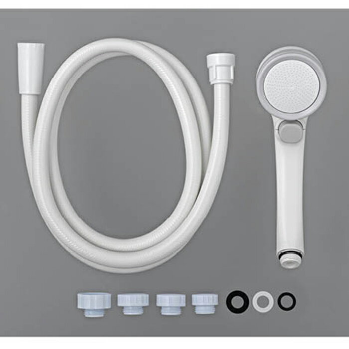 [特長]：■工具不要で取付簡単なシャワーホースセットです。■水圧が低くてもシャワーに勢いをプラスすることができる節水低水圧タイプで、手元でシャワーの止水・通水をON／OFFで切り替えられます。■約0.3mmの細い水流と均等配列した高密度なやわらかい肌あたりで、頭全体をしっかりやさしく包みこむ水幅ワイドなシャワーです。■ホース長さ：1.6m■使用可能水圧：0.7MPa■耐熱温度：60℃[材質]：■樹脂原料：ABS樹脂、ポリアセタール、塩化ビニル樹脂■金属材料：真鍮■ゴム材料：EPDM、NBR[用途]：■一般家庭での浴室商品