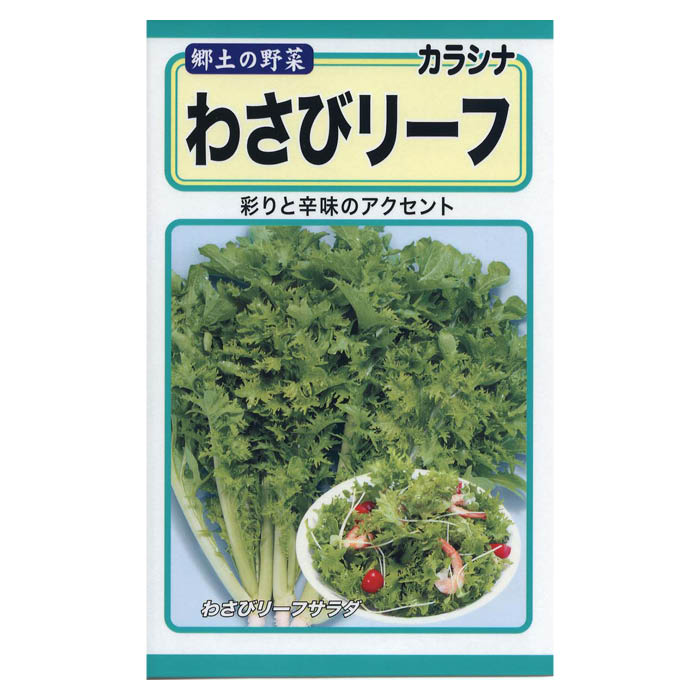 彩りと辛味のアクセント[特長]:■ワサビのような辛味があり、サラダやおひたしなど幅広く利用できます※蒔き時期、収穫・開花時期等はパッケージ裏面の記載をご確認ください。※育成目安については、環境による変動があるため、これを保証するものではございません。※内容量、生産地、発芽率、有効期限などについては、種の生産時期によって変わる場合がございます。
