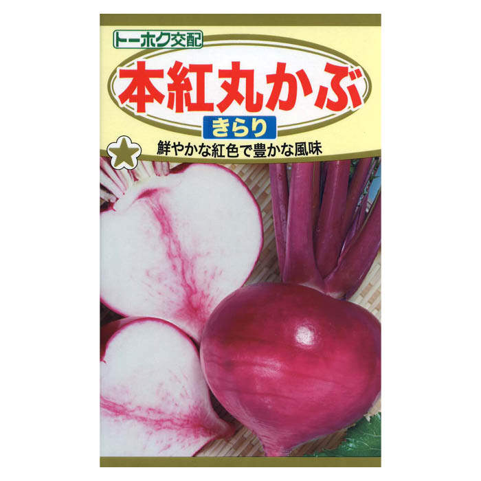 鮮やかな紅色で豊かな風味[特長]:■春まきと秋まきができます。約10cmで漬け上がりの紅色が鮮やかな赤カブ品種※蒔き時期、収穫・開花時期等はパッケージ裏面の記載をご確認ください。※育成目安については、環境による変動があるため、これを保証するものではございません。※内容量、生産地、発芽率、有効期限などについては、種の生産時期によって変わる場合がございます。