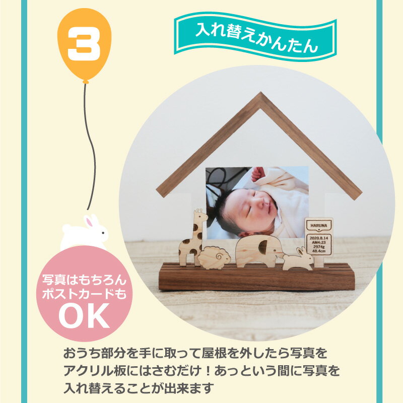 楽天市場 フォトフレーム 名入れ 親子であそべるフォトスタンド どうぶつのおうち 出産祝い用 プレゼント ギフト かわいい おしゃれ アクリル 赤ちゃん 子供 ベビー 写真立て 誕生日 出産内祝い 記念品 誕生記録 出生記録 メモリアル 一歳 送料無料 翌々営業日出荷