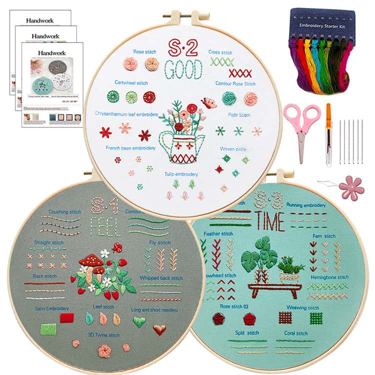 ハンドメイド セット 手芸 手作り DIYキット 初心者 刺繍作成キット 練習用 ギフト 刺しゅう糸 木枠 クロスステッチ 刺しゅう針 北欧 刺繍キット 編み物 練習布3枚 入門 刺繍キット スターターセット 刺繍初心者用針と糸セット 掛け画キット 未完成品
