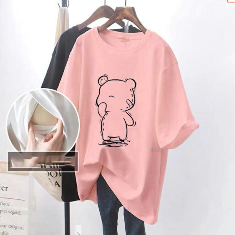 ゆったり カジュアル ロゴTシャツ 授乳服 トップス おしゃれ マタニティ インナー 前開き 授乳服 Tシャツ 大きいサイズ 半袖 チュニック ロング丈 産前 産後 妊婦服 出産準備 カットソー 授乳しやすい 2