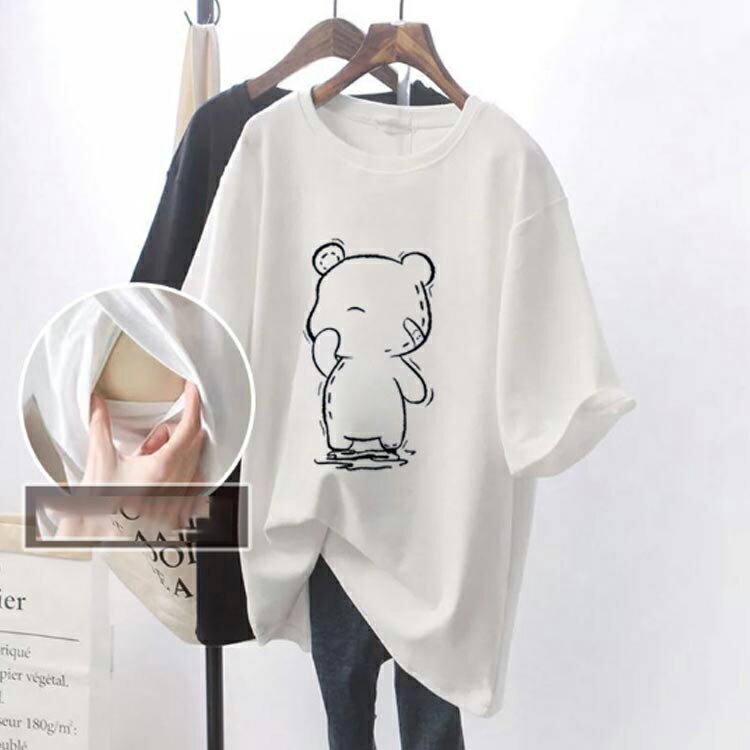 ゆったり カジュアル ロゴTシャツ 授乳服 トップス おしゃれ マタニティ インナー 前開き 授乳服 Tシャツ 大きいサイズ 半袖 チュニック ロング丈 産前 産後 妊婦服 出産準備 カットソー 授乳しやすい 3