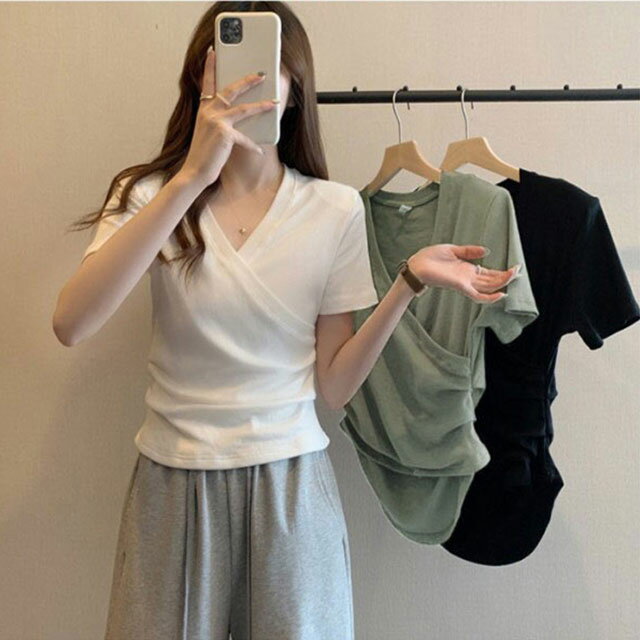 カシュクール トップス レディース サイドギャザー Vネック tシャツ 半袖 ドレープ 半袖tシャツ 無地 20代 30代 ショート丈