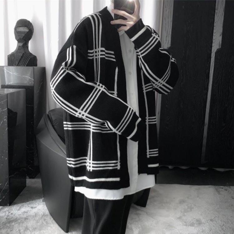 【送料無料】ジャガード ニットカーディガン Vネック チェック柄 メンズ ニット カーディガン ボタンレス 秋物 冬服 ゆったり 防寒 保温 セーター 羽織り アウター 春 秋 冬 オーバーサイズ ルーズ おしゃれ 大きいサイズ