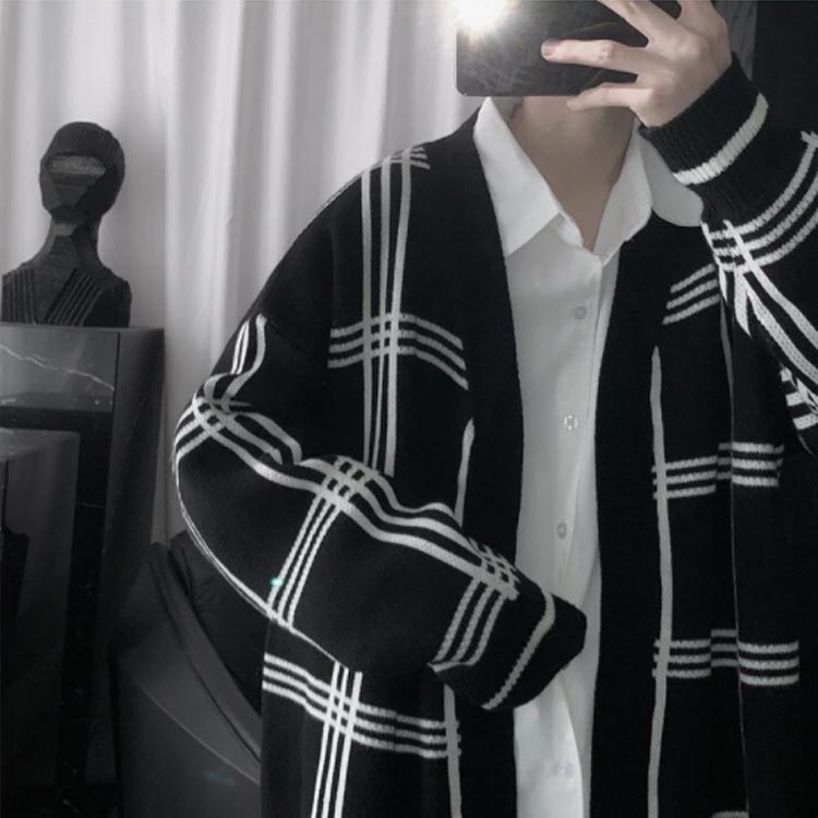 【送料無料】ジャガード ニットカーディガン Vネック チェック柄 メンズ ニット カーディガン ボタンレス 秋物 冬服 ゆったり 防寒 保温 セーター 羽織り アウター 春 秋 冬 オーバーサイズ ルーズ おしゃれ 大きいサイズ