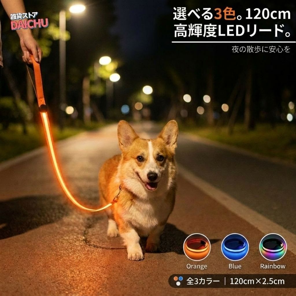 犬用 光る リード LED USB充電式 犬 散歩 光ファイバー ＼高輝度・面発光／ 反射 散歩 小型犬 中型犬 大型犬 ペット用 丈夫 120cm 2.5cm幅 ブルー オレンジ 虹色 3カラー