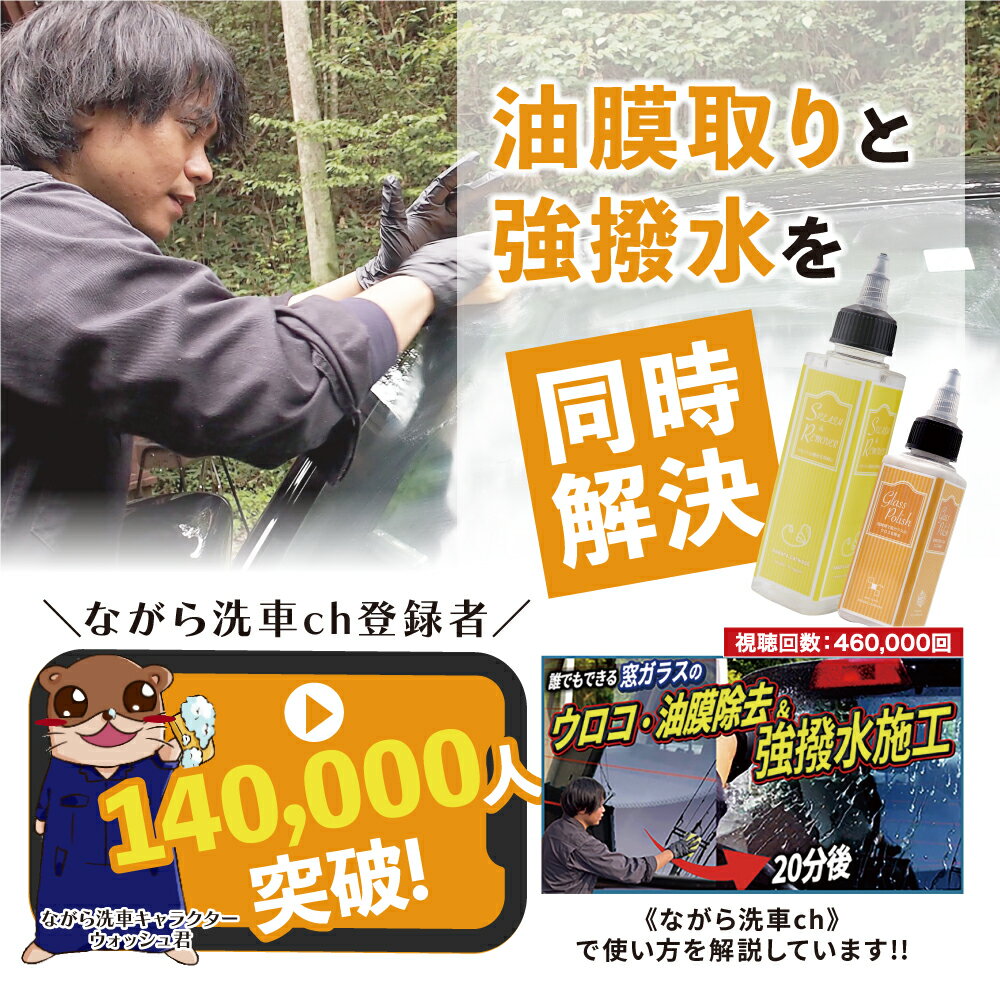 【ながら洗車】スプラッシュ＆ガラスポリッシュ ポーチセット『 ウロコ退治と強撥水で窓ガラスに安全を 』 油膜取り 車 ガラスウロコ フロントガラス 窓ガラス ウィンドウ 撥水剤 ウロコ取り 鱗 油膜除去 ウインドウケア 2