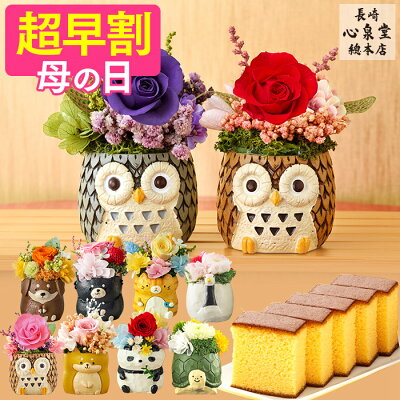 【4/11お値段上がります】 母の日 プレゼント [ 早割 花 プリザーブドフラワー ギフト お菓子 ギフト 食べ物 スイーツ プリザ カステラ 和菓子 ふくろう ねこ 犬 パンダ 長崎心泉堂 ランキ...