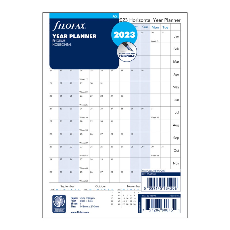 《年間》FILOFAX 2023年 システム手帳リフィル A5サイズ ホリゾンタルイヤープランナー 23-68506 ファイロファックス 日付入り レフィル