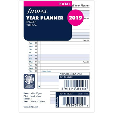 【ネコポス送料無料】FILOFAX 2019年 ミニ6穴サイズ バーチカルイヤープランナー システム手帳リフィル 19-68202