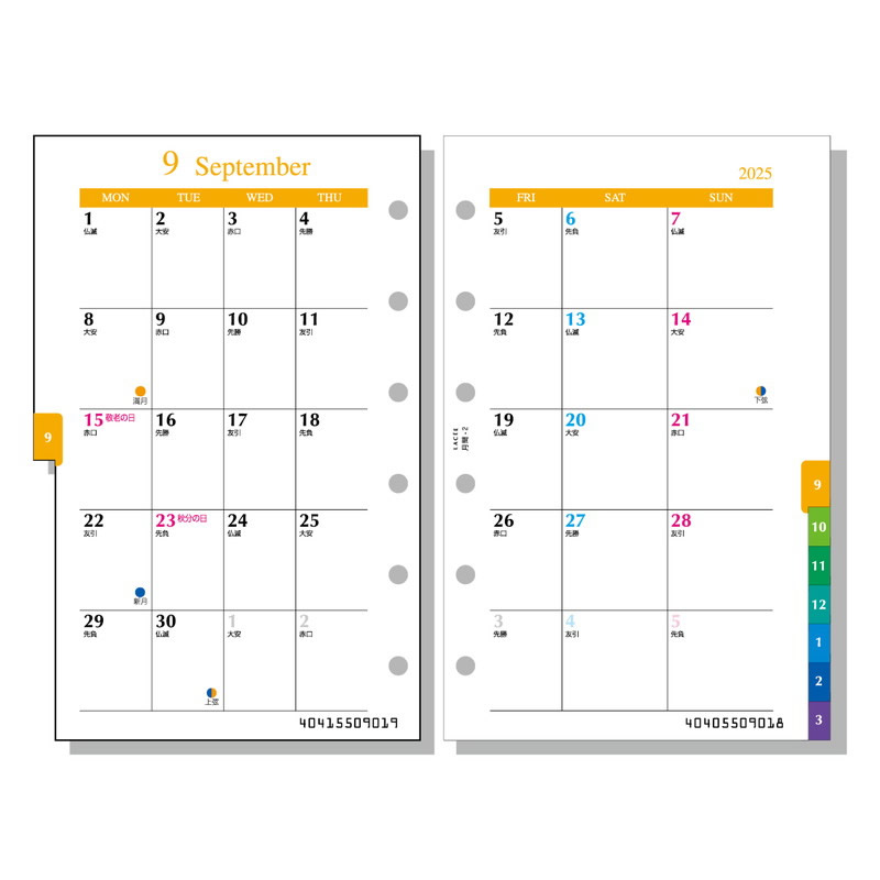 レイメイ ラセ 2025年 日付入リフィル ポケット（ミニ6） 月間-2 （カラーインデックス付き）