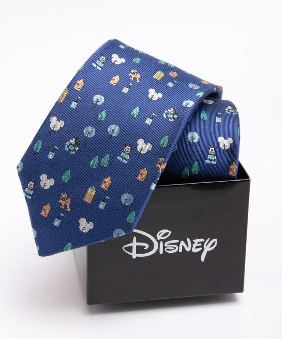 ネクタイ Disney 【Mickey Mouse Pluto】（ディズニー ミッキーマウス プルート）モチーフネクタイ：ブルー ロゴ入りBOX付き シルク 絹 国産 日本製 プレゼント ギフト 箱付き