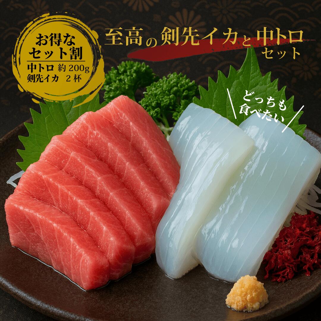 油谷産 養殖本マグロ 中トロ柵 約200g ＆ 剣先イカ 皮剥き後2杯セット｜刺身用・瞬間冷凍（胴体・エン..