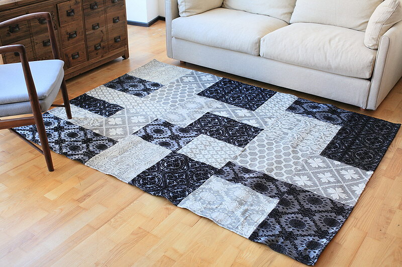 Rakuten - アルファ パッチ ラグマット200x140cm ブラック/アイボリー【モダンアジアン/エスニック雑貨】