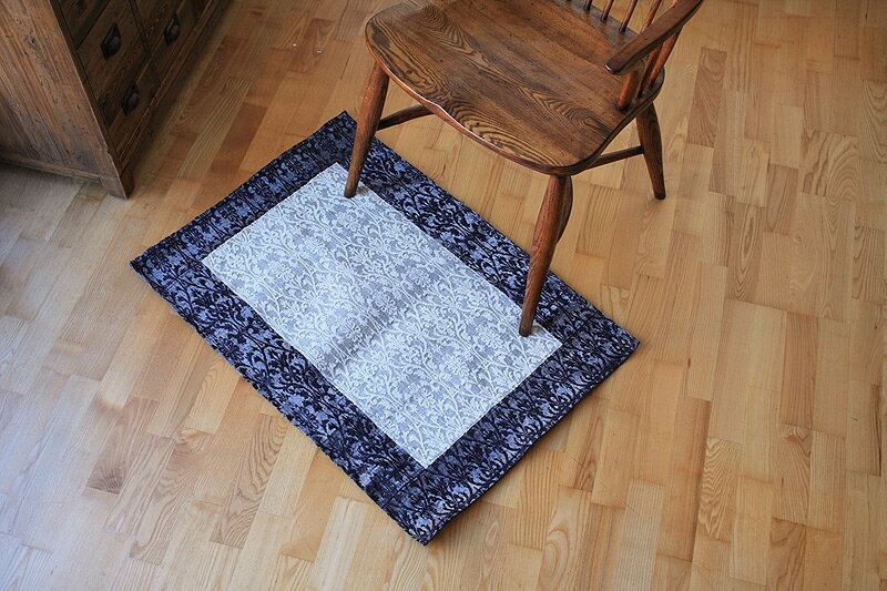 シェニールジャカードパッチ ラグマット90x60cm ブラック/アイボリー【モダンアジアン/エスニック雑貨】