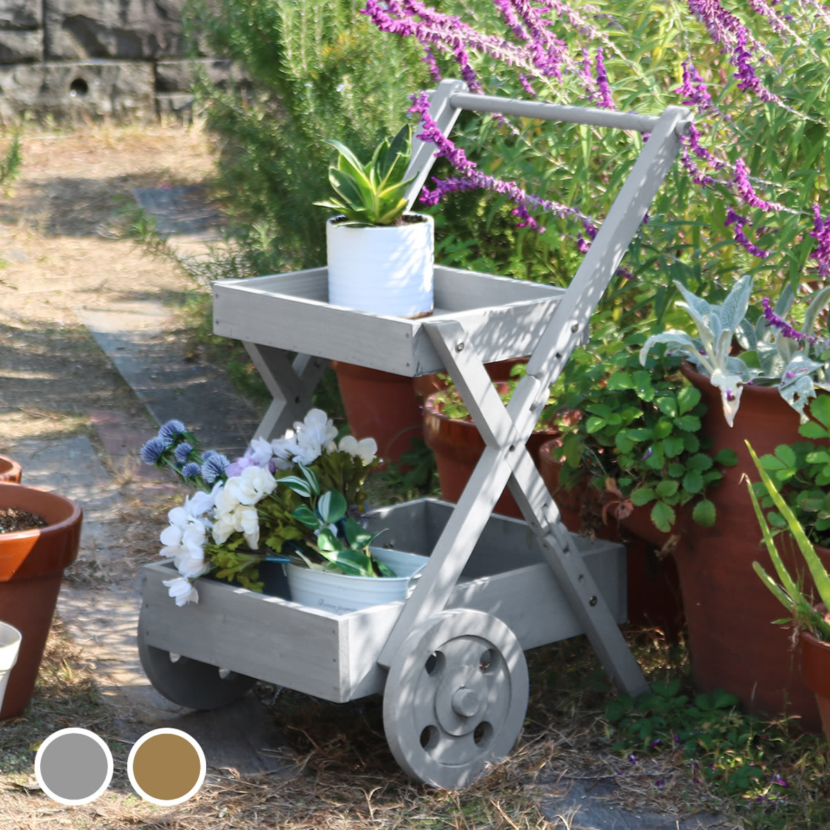 天然木製ワゴン型プランタースタンド...