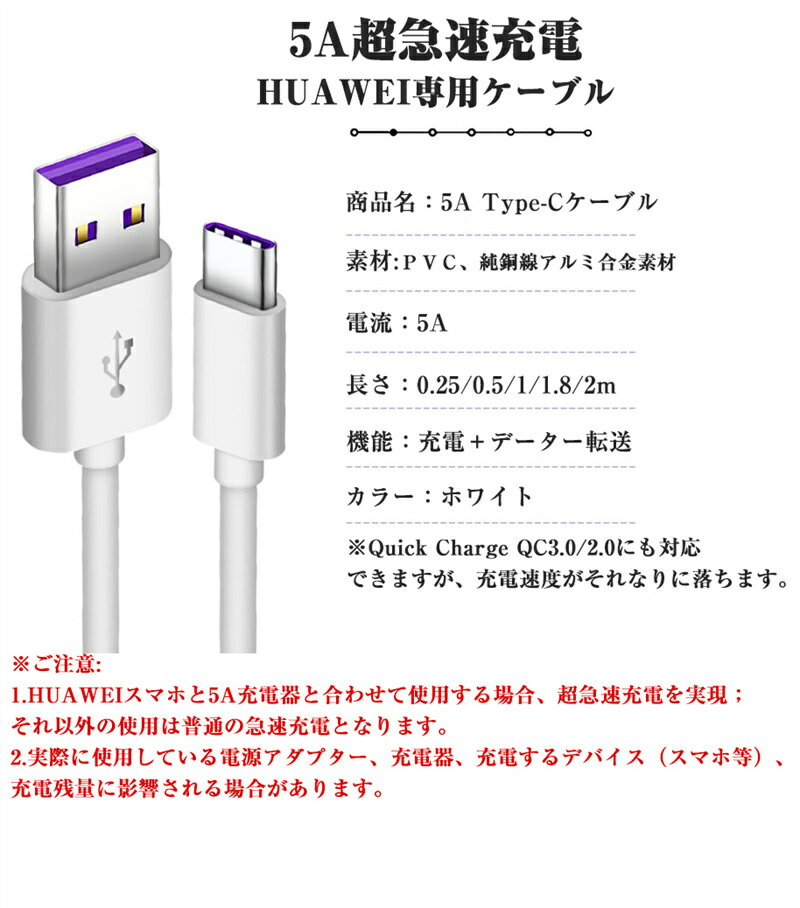 充電ケーブル Type-C 5A 超急速 HUAWEI USBケーブル 充電 ケーブル セット タイプC 0.25m 0.5m 1m 1.5m ファーウェイ XiaoMi Samsung Quick Charge QC3.0対応 敬老の日