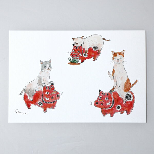 トコロコムギ ポストカード 赤べこパトロール (c)tocorocomugi ゆるくてちょっぴりあやしい動物たち メール便 赤べこ ねこ 猫 ネコ 絵はがき