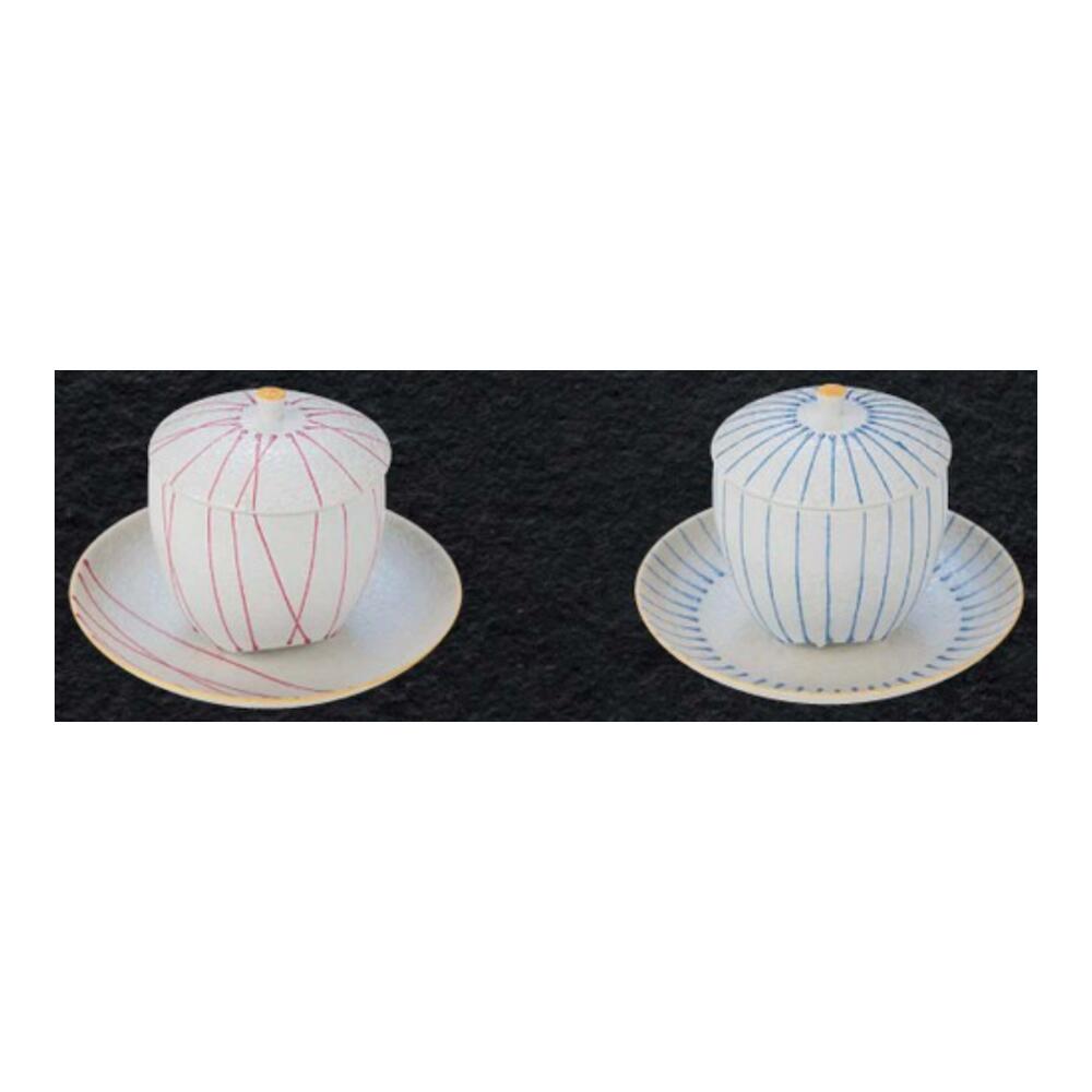 有田焼 赤 青 ストライプ ラスター 三つ足 むし碗 台皿 7.2cm 12.2cm 蒸し碗 器 鉢 豆鉢 蒸碗 茶碗蒸し..