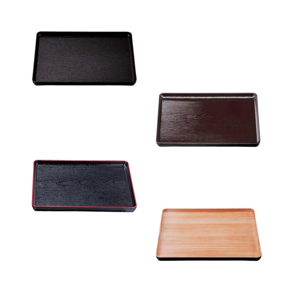 商品詳細 【大寿木目盆 (奥広タイプ) 耐熱黒SLタタキ/耐熱新溜SL/耐熱黒天朱SL/耐熱高柾目弱SL 尺1/尺2/尺3/尺4/尺5/尺6/尺7】 寸法：尺1　335×260×22mm 　　　尺2　360×282×22mm 　　　尺3　392×307×22mm 　　　尺4　427×333×22mm 　　　尺5　456×356×22mm 　　　尺6　486×380×26mm 　　　尺7　520×400×26mm 材質：耐熱ABS樹脂 生産国：日本 耐熱ABS樹脂の特長 ●耐熱温度/80℃〜100℃(原料のグレードにより異なります。) ●衝撃に強いので割れにくく、耐久性に優れ塗料の密着も良好です。 ★食器洗浄機に使用できます。 ◎滑り止め加工(高柾目は弱滑り止め加工) 裏面フラット設計 裏面に足がないのでお手入れ簡単。 側面・裏面にも木目があり、キズが目立ちません。