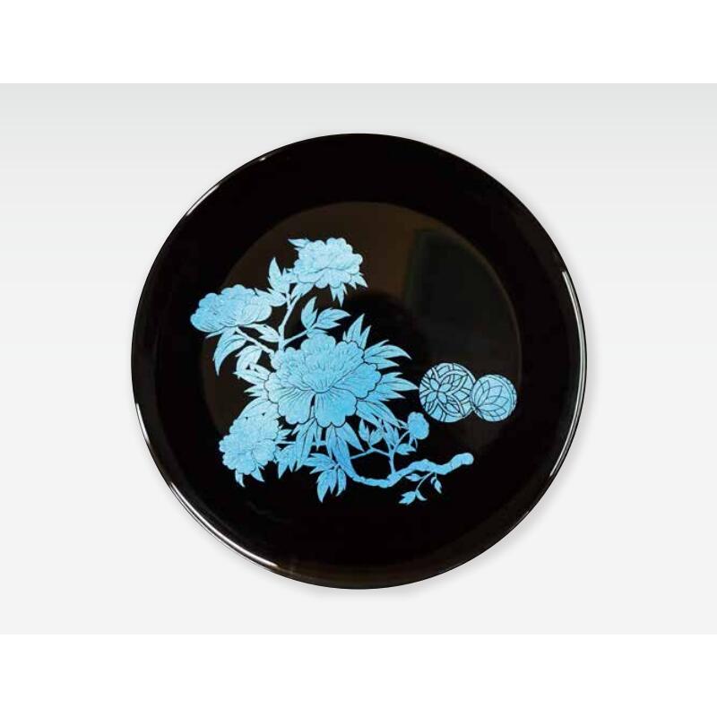 【送料無料】 【包装のし可】 塗り ガラス 食器 蒔絵 シリーズ フラット プレート M 古代塗り 漆 黒 牡丹 ブルー 28cm 塗 漆 皿 丸 丸皿 大皿 食洗機対応 日本製 国産 おしゃれ こだわり ギフト 贈答品 お祝い 食事会 和食器 洋食器 飲食店 業務用 プロ使用
