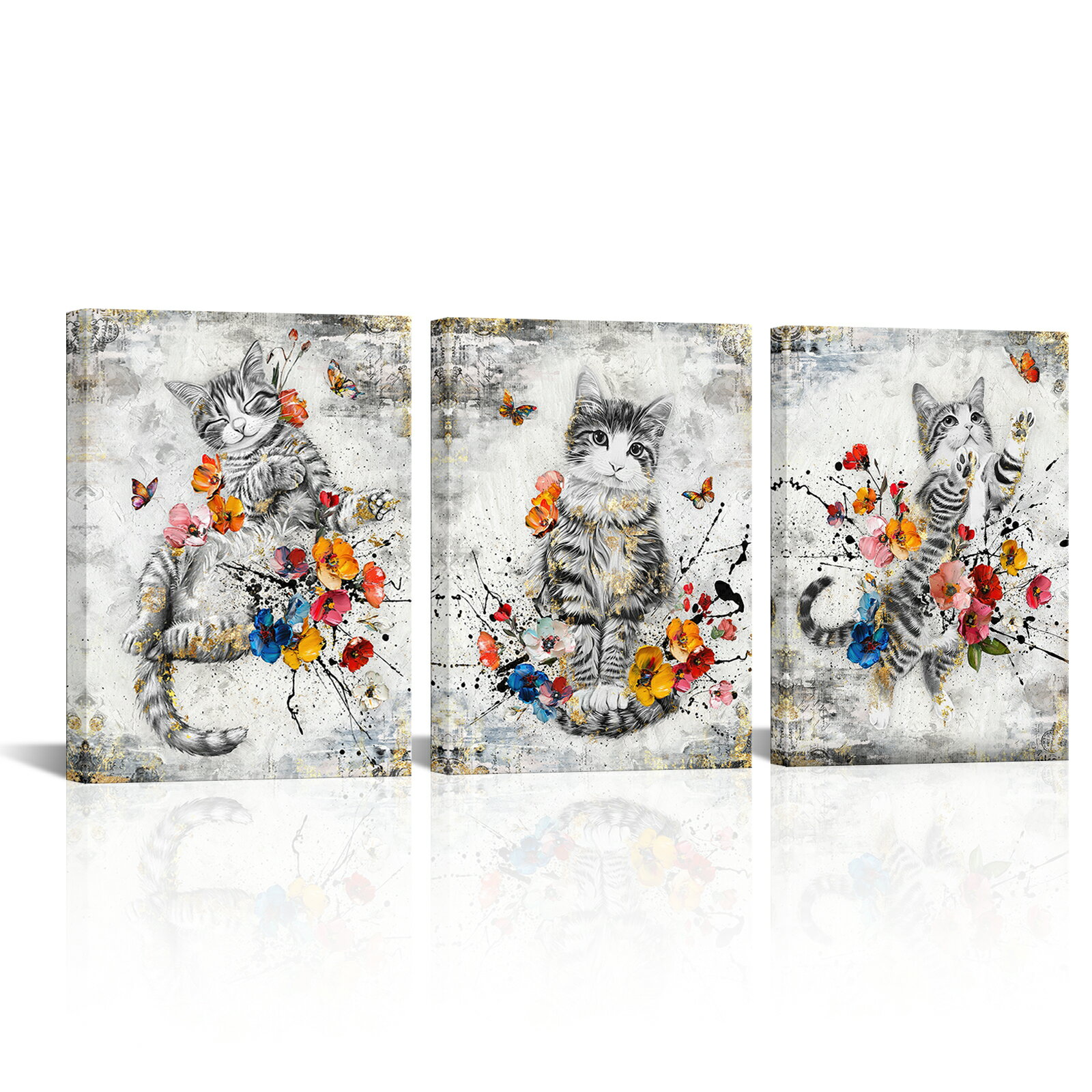 【3枚セット】ポスターフレーム アートフレーム キャンバス ポスター 30×40cm 壁掛けフォトフレーム 壁掛け 壁飾り 木製 ポスター インテリア 玄関 北欧 和モダン 猫 花 蝶 アートパネル 絵画 軽量 おしゃれ 防汚 防水 贈答 送料無料 海外通販