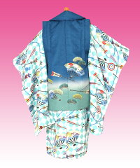 三歳着物被布セット男の子七五三モダン鷹刺繍扇水色/被布青色(3歳用90〜100cm)七五三レンタルfy16REN07