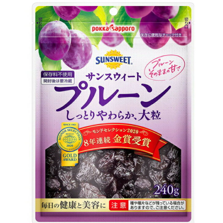 商品情報名称プルーン原材料名プルーン内容量240g賞味期限別途商品ラベルに記載保存方法直射日光を避け、常温で保存してください。製造者‎サンスウィートポッカサッポロ サンスウィート プルーン チャック付 240g×1袋 ポッカサッポロ サンスウィート プルーン 商品紹介米国サンスウィート社の契約農家から厳選仕入れ。日本国内で丁寧に加工し、しっとり・やわらかに仕上げた大粒種抜きプルーンです。砂糖・保存料不使用でプルーン本来の味わいです。モンドセレクション2013金賞受賞。おやつにおつまみに、ヨーグルトと一緒に。毎日の健康と美を応援します。 2