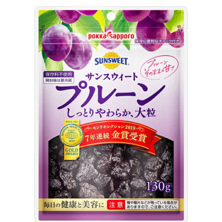 商品情報名称プルーン原材料名プルーン内容量130g賞味期限別途商品ラベルに記載保存方法直射日光を避け、常温で保存してください。製造者‎サンスウィートポッカサッポロ サンスウィート プルーン チャック付 130g×1袋 ポッカサッポロ サンスウィート プルーン 商品紹介米国サンスウィート社の契約農家から厳選仕入れ。日本国内で丁寧に加工し、しっとり・やわらかに仕上げた大粒種抜きプルーンです。砂糖・保存料不使用でプルーン本来の味わいです。モンドセレクション2013金賞受賞。おやつにおつまみに、ヨーグルトと一緒に。毎日の健康と美を応援します。 2