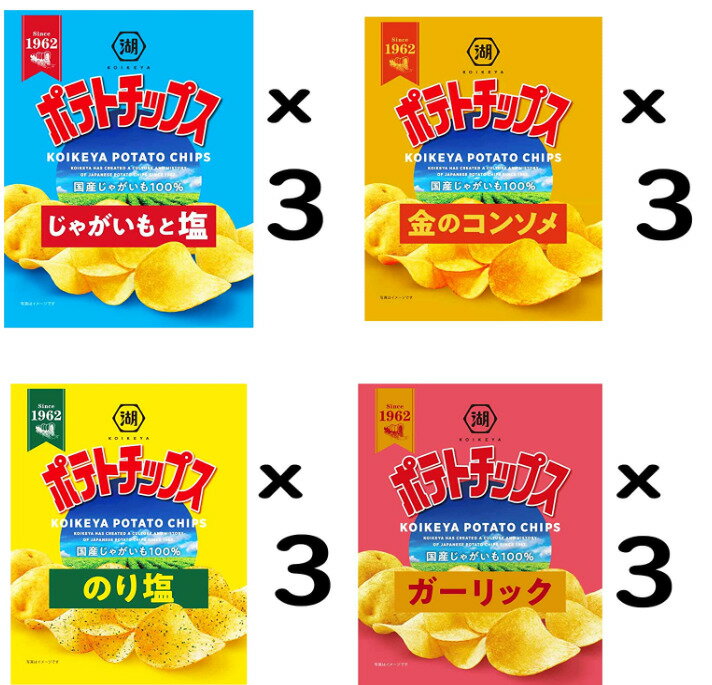 湖池屋 売れ筋ポテトチップス 4種 計12袋 しお味 金のコンソメ のり塩 ガーリック