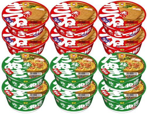 訳あり マルちゃん 人気カップ麺2種アソート 赤いきつねうどん、緑のたぬき天そば12個詰め合わせセット(賞味期限：9月11日）のサムネイル
