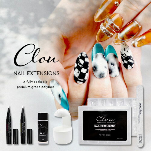 製品情報 セット内容 ・Clouライト1台 ・Clou NAIL EXTENSIONS No1 Half Matte Oval 120枚セット ・Clou MAGIC 3in1 GEL 1本 ・Clou NO WIPE TOP GEL 1本 ・Clou Remover 30ml ・ファイル180/200 発送方法 佐川送料無料(沖縄・離島以外)/ゆうパック410円〜 用途 ジェルネイル・ネイル用品 　 オススメポイント 　 　　 Clou 理想のネイルを簡単に アセトンでオフできる エクステンションに特化したスターターキット ジェルと成分と光を通しやすいプラスチックで作ったハイブリットなネイルチップ ジェルの柔軟性とプラスチックの透明度と硬度で理想のネイルを簡単にできます。 アセトンでオフできるので、ストレスフリー。 さらに、アートをしてから装着もOK ・利き手の右がいつもはみ出してしまう… ・ネイルラップがうまく貼れない… ・チップではうまくできるけど、自爪はうまくできない… そんな方にお勧めです。 形が固定されているネイルチップだからこそ、装着するだけで理想のフォルムが簡単にできます。 プロ、セルフ問わず、時短で簡単にエクステンションが可能になるスターターキットです。 ※エクステンション:爪の長さを人工的に延長する施術 Clouでできること ・リムーバー、アセトンでオフできる ・アートしたチップを装着できる ・簡単に長さだしができる ・理想的なフォルムが簡単にできる ・爪が欠けてしまったときの補修・補強 注意事項 　 ■Clouライト セルフでネイルエクステンションが簡単にできるように設計したClouライト。 チップを手で固定したままライトに入れやすい構造でです。 USB式でお手持ちのモバイルバッテリーで使用できるので、使う場所を選ばすストレスフリーです。 底面の電源マークに触って点灯、触って消灯します。60秒で自然消灯。 UV/LED 5W(365-405nm) AC 100〜240V 50/60Hz output DC5V/1A size:50×44×88.5mm ■Clou NAIL EXTENSIONS No1 Half Matte Oval 120枚セット ジェルと同じ成分で作ったネイルチップだからアセトンでオフができます。 0-11番のサイズ展開で爪にぴったり合うサイズを見つけやすい。 ハーフサンディング加工で自爪とチップの密着性を高めます。 柔軟性の高いチップなので、爪と密着しやすいです。 ※マットに見える部分はジェル塗布で透明になります ■Clou MAGIC 3in1 GEL 1本 ベースジェル、トップ、ビルダージェル3役を1本でこなす3in1ジェル チップを装着しやすいように適度な粘度に調整しています。 底部分を回転させることでジェルを出します。 使用後は、筆部分に残った余分なジェルを拭き取り、筆部分を上にして保管してください。 詳しい使用方法は、同封の説明書をご参照ください。 販売名:CLOUマジック3in1ジェル 区分:爪化粧料 内容量:5g 全成分:アクリレーツコポリマー、ジメチコン、イソプロパノール、酢酸ブチル、マイクロクリスタリンワックス 硬化時間:Clouライトで30秒 ■Clou NO WIPE TOP GEL 1本 ネイル工房で人気の18種類のクリアジェル6番をペン型タイプにしたジェル。 粘度が低めでさらっとしたテクスチャーです。拭き取り不要のノーワイプタイプです。 底部分を回転させることでジェルを出します。 使用後は、筆部分に残った余分なジェルを拭き取り、筆部分を上にして保管してください。 販売名:CLOUノーワイプトップジェル 区分:爪化粧料 内容量:5g 全成分:アクリレーツコポリマー、イソプロパノール、トリアクリル酸トリメチロールプロパン、酢酸ブチル、(酢酸/酪酸)セルロース、マイクロクリスタリンワックス 硬化時間:Clouライトで25秒 ■Clou Remover アセトン70%含有でしっかりジェルをオフしながら皮膚の乾燥を防ぐ成分も入れたリムーバーです。 販売名:CLOUリムーバー 区分:爪化粧料 内容量:30ml 全成分:アセトン、エタノール、プロピレングリコール、グリセリン ■ファイル180/200 チップのサイズ調整、オフに使用します。