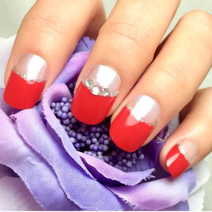 ☆レッド/フレンチネイル☆レッド 赤フレンチ 王道フレンチ 定番フレンチ 人気 スワロフスキー ビジュー ..