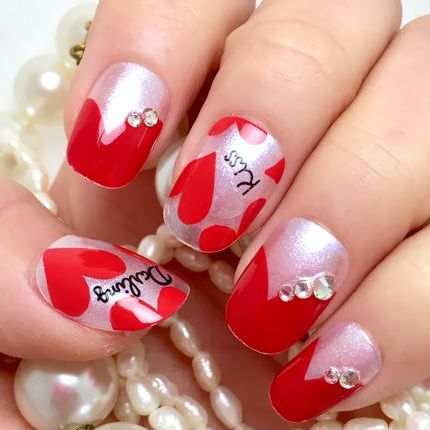 ☆ハートフレンチネイル☆透け感 クリアパール 変形フレンチ 手描きアート ペイント ラブリー キュート ..