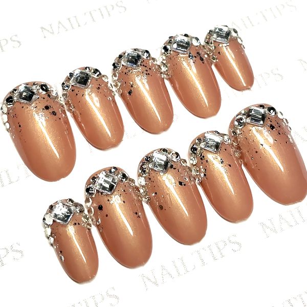 ☆根本ビジューネイル☆キラキラ ジュエリー くすみピンクパール シルバーラメ グリッター シャイニー 繰り返し使える 貼るだけ 簡単便利 ネイリスト作成 ハンドメイド 手作り ネイルチップ つけ爪 付け爪 美フォルム 美爪 きれいめ オーバル 指長効果 nail