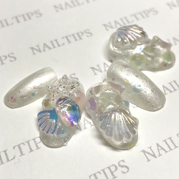 ☆貝殻ネイル☆オーロラ キラキラ シャイニー ゴテゴテ ちゅるん うるうる 透明感 クリア サマー夏 3D 立体 盛りデコ 繰り返し使える 貼るだけ簡単 ネイリスト作成 ハンドメイド ネイルチップ nailつけ爪付け爪 美フォルム美爪きれいめオーバル指長効果sm